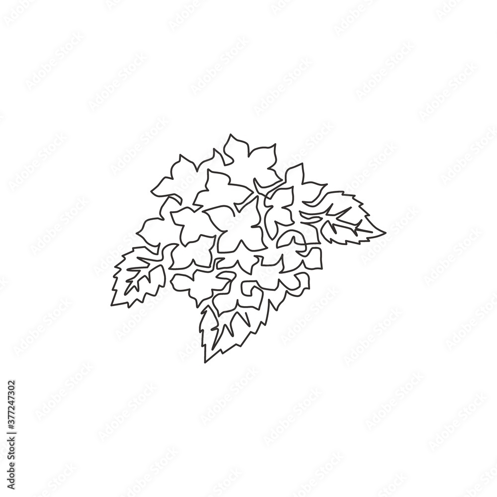 One continuous line drawing beauty fresh lantana for home decor wall art poster print. Decorative shrub verbena flower for greeting card ornament. Modern single line draw design vector illustration
