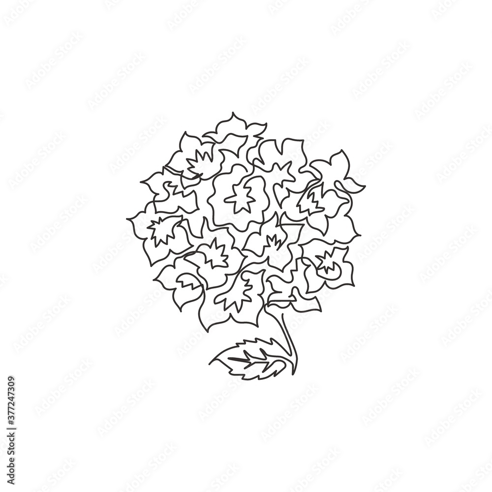 Single one line drawing beauty fresh lantana for home wall decor art poster print. Decorative shrub verbena flower concept for invitation card. Modern continuous line draw design vector illustration