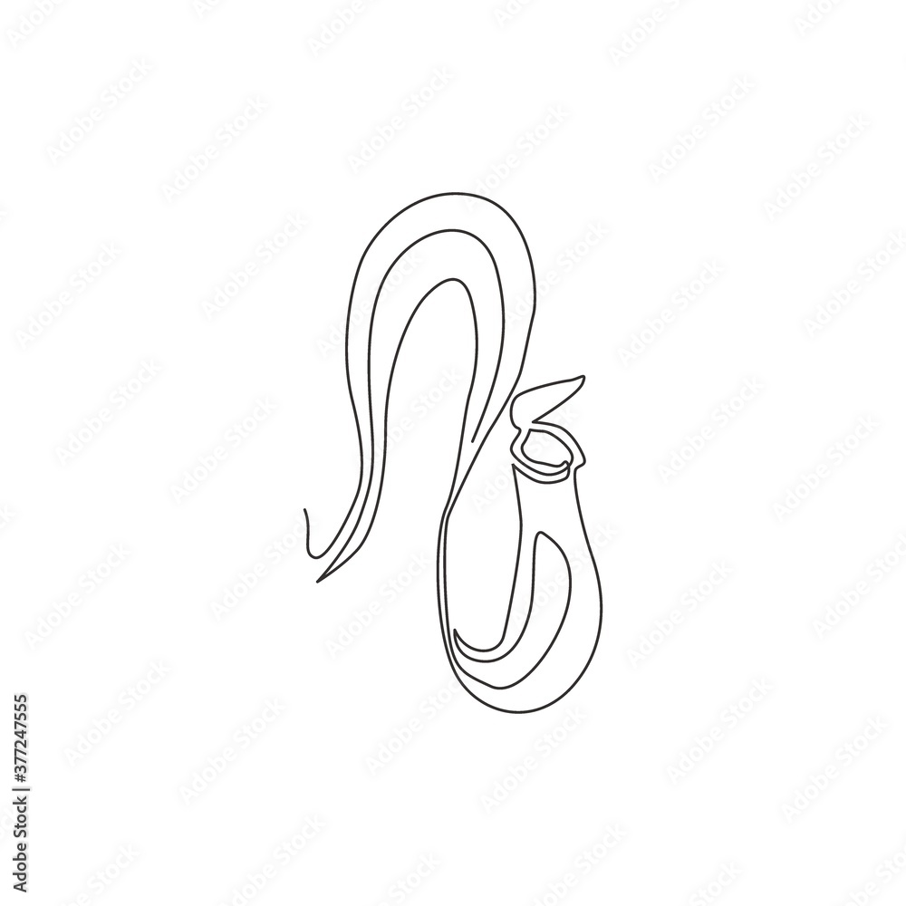 Single one line drawing beauty fresh nepenthes for garden logo. Decorative of tropical pitcherplant concept for home wall decor art poster print. Modern continuous line draw design vector illustration Single one line drawing beauty fresh nepenthes for garden logo. Decorative of tropical pitcherplant concept for home wall decor art poster print. Modern continuous line draw design vector illustration