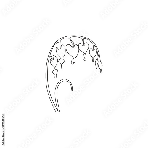 Single continuous line drawing of beauty fresh lyre flower for home decor wall art poster print. Decorative Asian bleeding-heart for floral card frame. Modern one line draw design vector illustration
