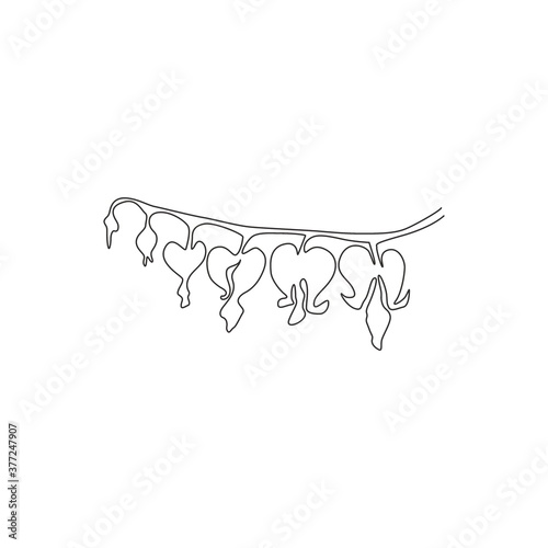One continuous line drawing of beauty fresh dicentra spectabilis for garden logo. Decorative lyre heart flower concept for wedding invitation card. Trendy single line draw design vector illustration
