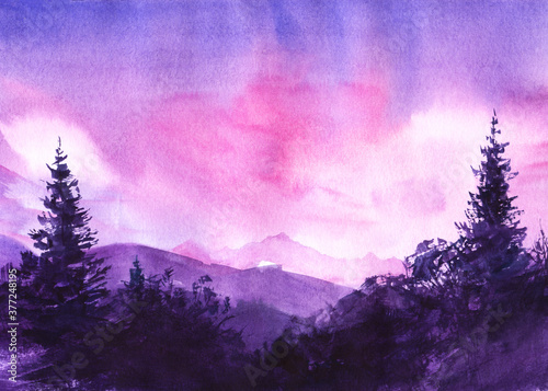Watercolor romantic autumn landscape in lilac and violet tones. Dawn sky with fluffy clouds, ranges of misty mountains stretching to horizon and dark silhouettes of coniferous forest in foreground