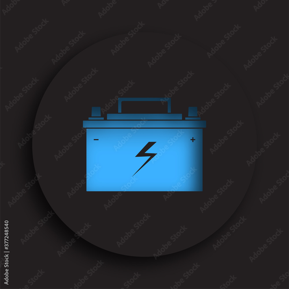 car battery icon with electric charge icon in neomorphism style on a dark background. Maintaining battery power. Service in a car repair shop. Vector