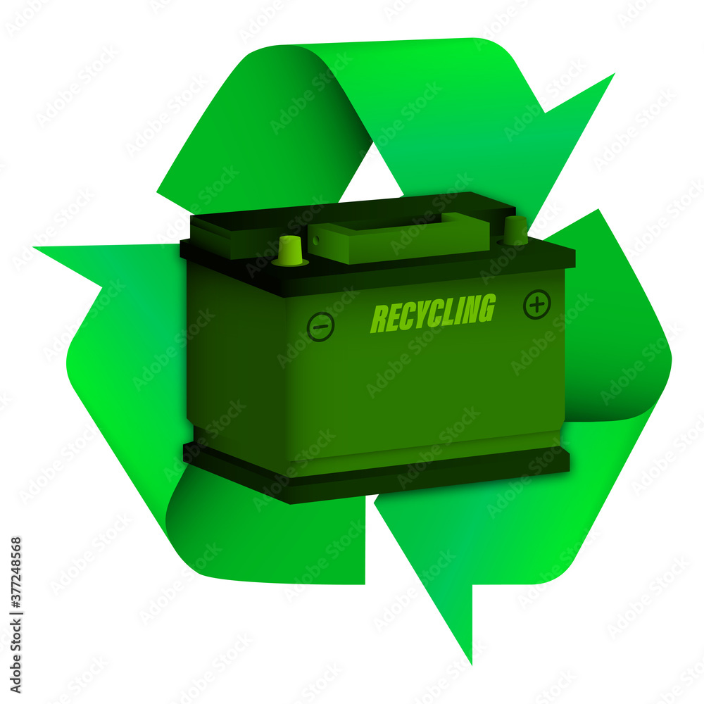car battery with green recycling sign. Recycling of car batteries, green energy, alternative energy sources. Caring for the ecology and the environment. Vector car battery with green recycling sign. Recycling of car batteries, green energy, alternative energy sources. Caring for the ecology and the environment. Vector
