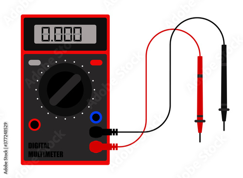 Digital multimeter in flat style, device for measuring current and voltage in electrical circuit. Tool of installer, electrician, system administrator. Minimalistic vector