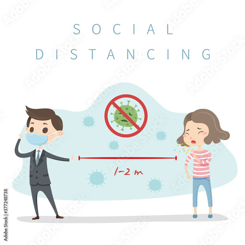 Social distancing, keep distance in public society people to protect from COVID-19. Man wearing a surgical protective medical mask for prevent corona virus.