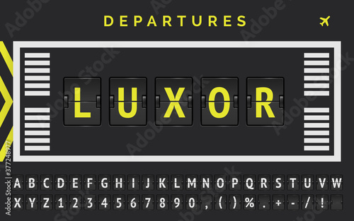Airport board font banner design to announce flights to Luxor in Egypt with runway markup and airplane icon. Vector illustration