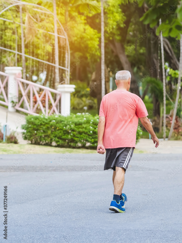 Back view portrait of a Asian elderly man in fitness wear walking and jogging for good health in public park. Senior jogger in nature. Older Man enjoying Peaceful nature. Healthcare concept. Back view portrait of a Asian elderly man in fitness wear walking and jogging for good health in public park. Senior jogger in nature. Older Man enjoying Peaceful nature. Healthcare concept.