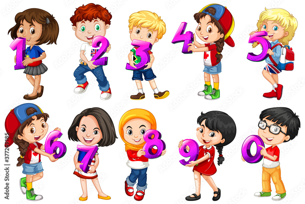 Set of different children holding math number Set of different children holding math number