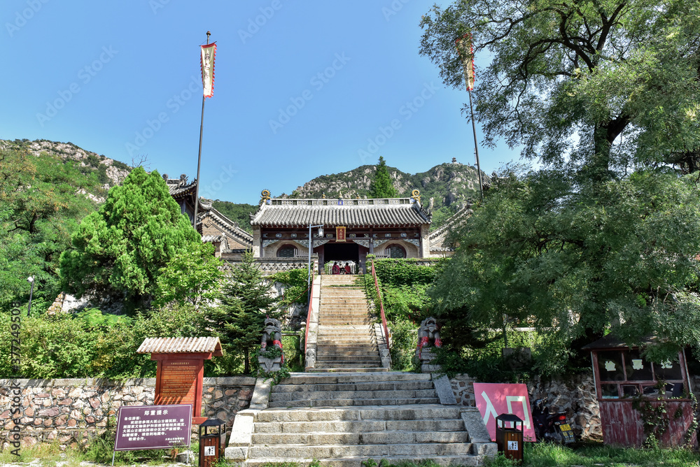 Donggang City, Liaoning Province, China: August 18, 2019: Ancient Chinese temple buildings in Dagushan, Donggang City, Liaoning Province, China Donggang City, Liaoning Province, China: August 18, 2019: Ancient Chinese temple buildings in Dagushan, Donggang City, Liaoning Province, China