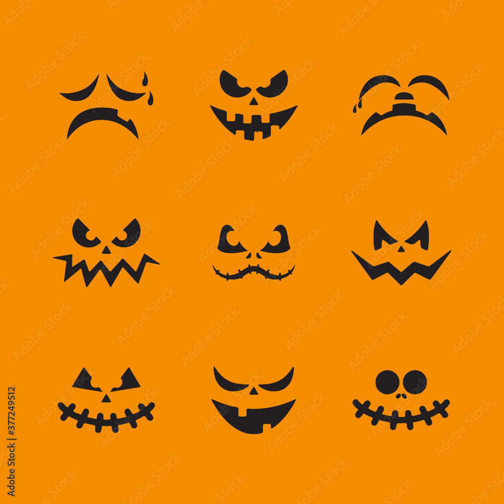 Halloween face icon set. Spooky pumpkin smile on orange background. Design for the holiday Halloween. Vector illustration.