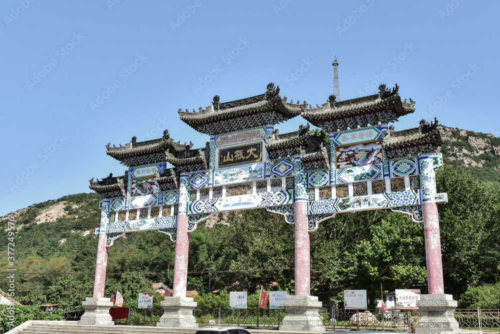 Donggang City, Liaoning Province, China: August 18, 2019: Ancient Chinese temple buildings in Dagushan, Donggang City, Liaoning Province, China Donggang City, Liaoning Province, China: August 18, 2019: Ancient Chinese temple buildings in Dagushan, Donggang City, Liaoning Province, China