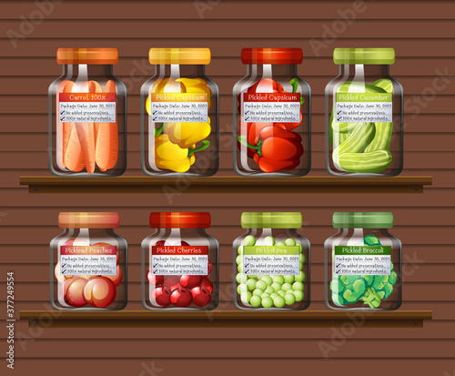 Set of different vegetables in different jars on wall shelves
