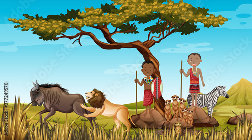 Ethnic people of African tribes in traditional clothing in nature background