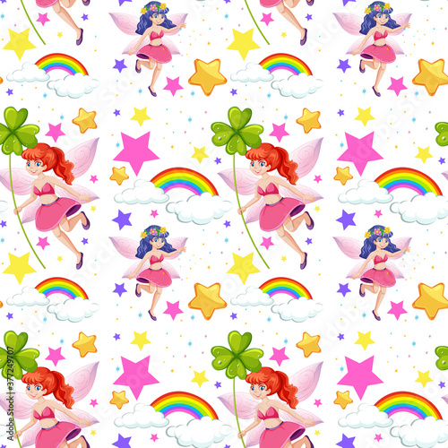 Seamless fairy tales with rainbow and flowers cartoon style on white background