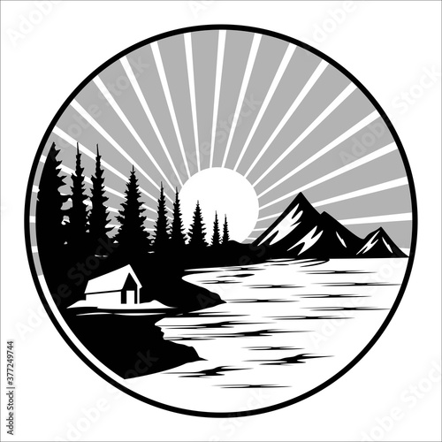 lake view with mountain cabin and pine tree