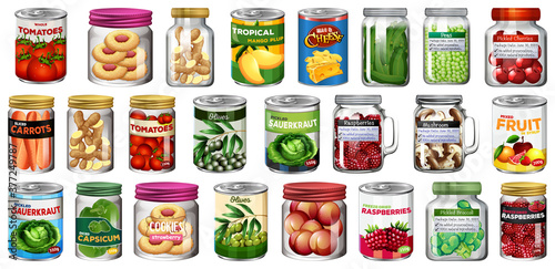 Set of different canned food and food in jars isolated