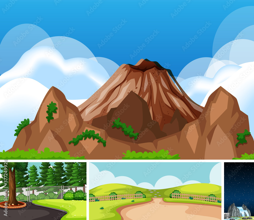 Four different scenes in nature setting cartoon style