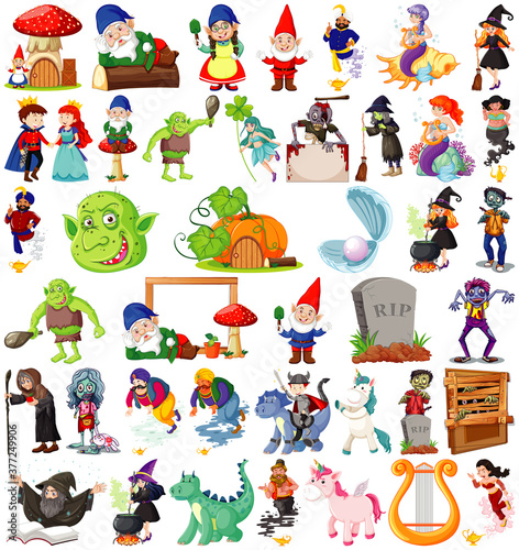 Set of fantasy cartoon characters and fantasy theme isolated on white background