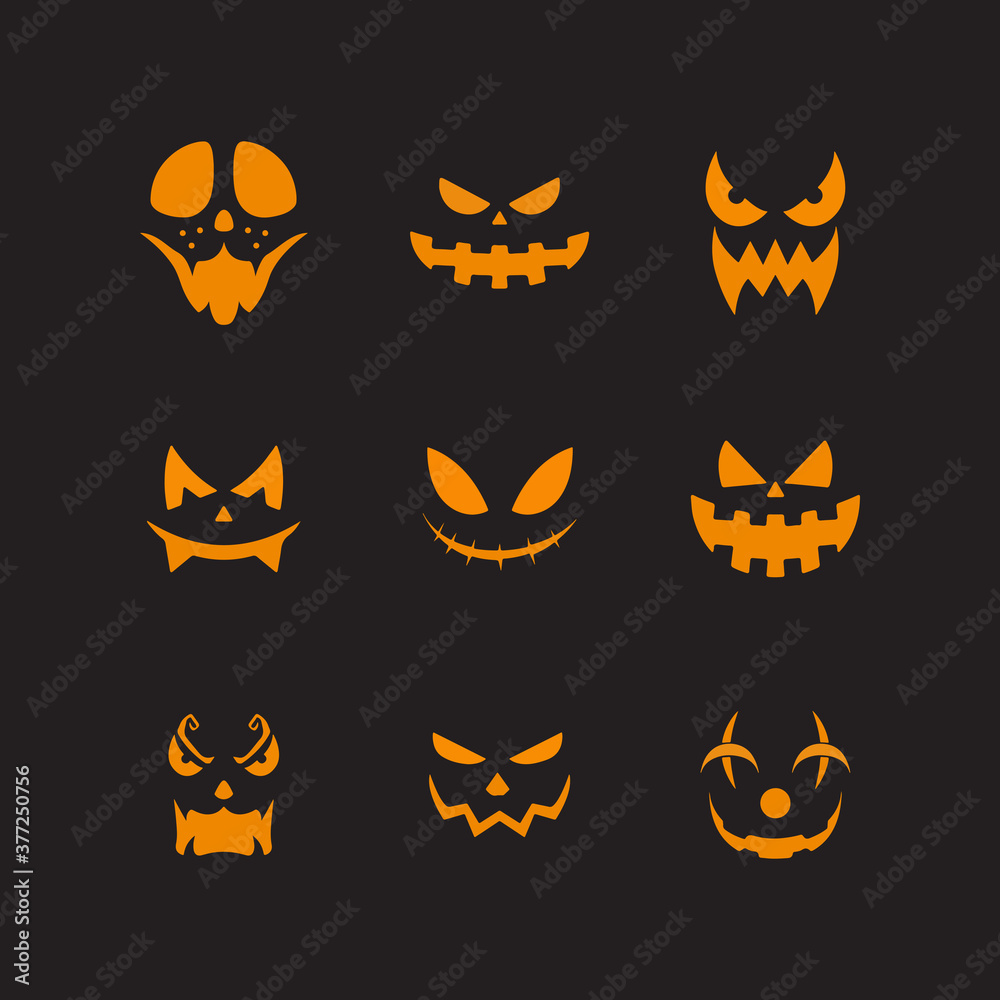 Halloween face icon set. Spooky pumpkin smile on black background. Design for the holiday Halloween. Vector illustration. Halloween face icon set. Spooky pumpkin smile on black background. Design for the holiday Halloween. Vector illustration.