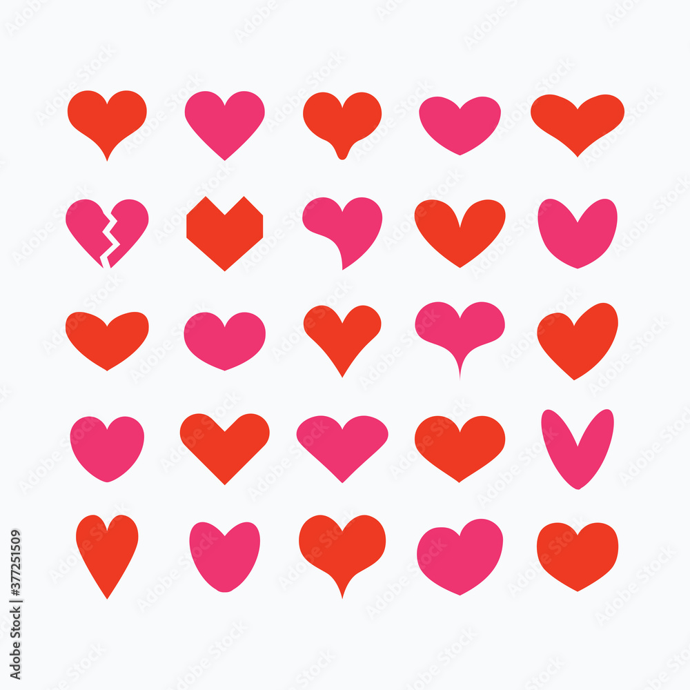 Red and pink cute solid and isolated different beautiful heart shapes icons set on white background