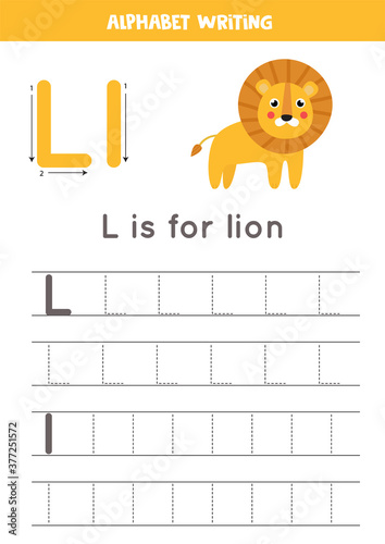 Tracing alphabet letter L with cute cartoon lion.