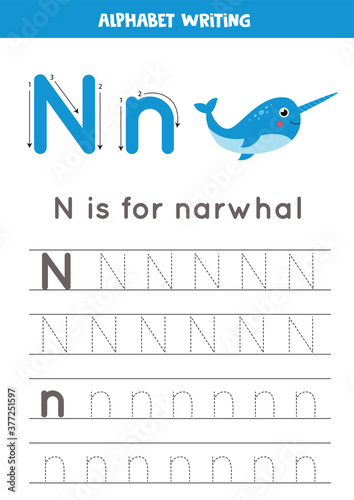 Handwriting practice with alphabet letter. Tracing N.