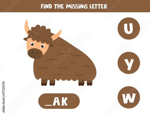 Find missing letter with cute cartoon yak.