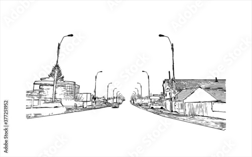 Building view with Landmark of Bacau is the main city in Bacau County, Romania. Hand drawn sketch illustration in vector.