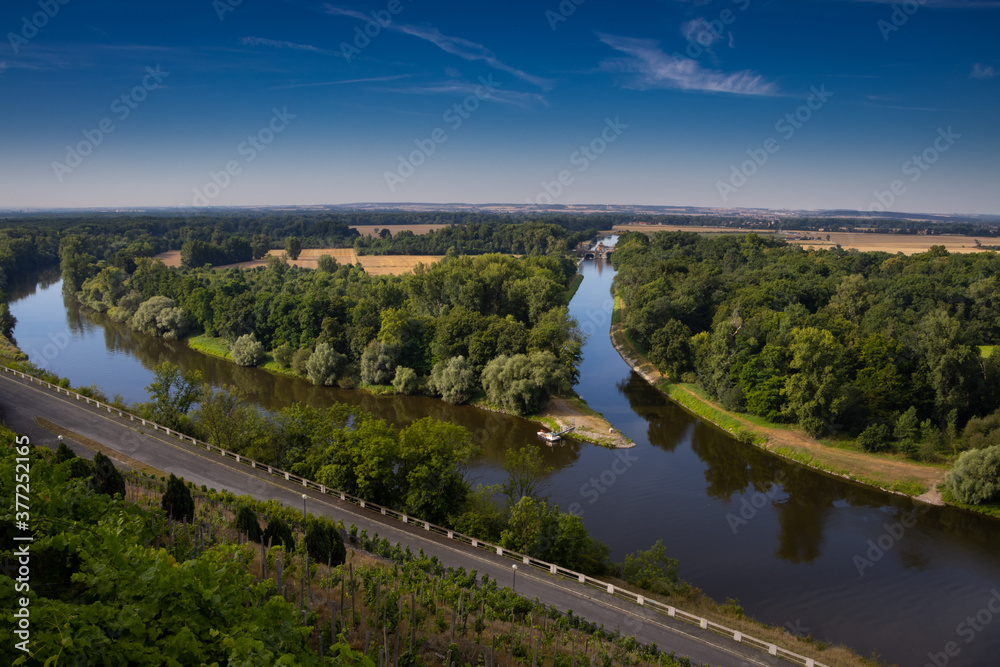 Naklejka premium The confluence of the Elbe and Vltava rivers near the town of Mělník. The Czech Republic.