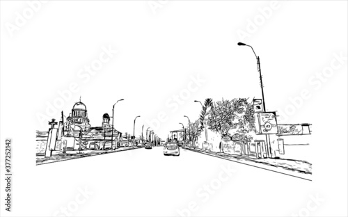 Building view with Landmark of Bacau is the main city in Bacau County, Romania. Hand drawn sketch illustration in vector.