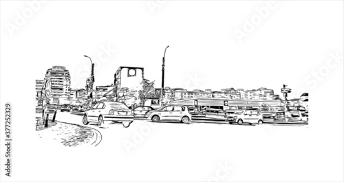 Building view with Landmark of Bacau is the main city in Bacau County, Romania. Hand drawn sketch illustration in vector.