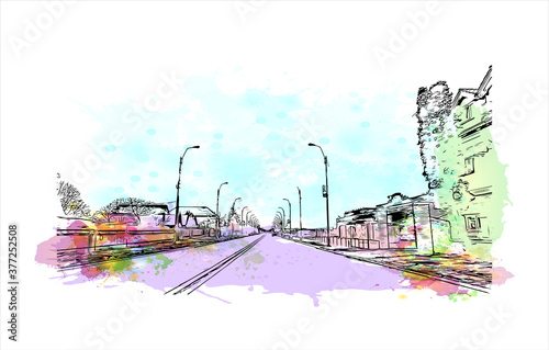 Building view with Landmark of Bacau is the main city in Bacau County, Romania. Watercolor splash with hand drawn sketch illustration in vector.