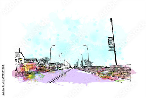 Building view with Landmark of Bacau is the main city in Bacau County, Romania. Watercolor splash with hand drawn sketch illustration in vector.
