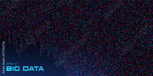 Big data visualization. Data stream crumbling down. Abstract background of a large number of multicolored particles on a black background with copy space. Science, technology theme. Vector