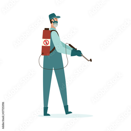 Pest control service worker with toxic sprayer flat vector illustration isolated.