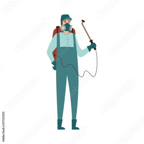 Pest control exterminator spraying toxic spray flat vector illustration isolated.