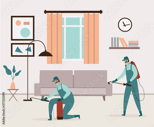 Exterminators of insects working in house interior flat vector illustration.