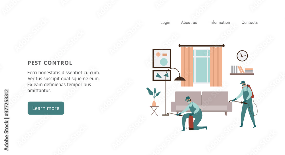 Website interface design for pest control services ad, flat vector illustration. Website interface design for pest control services ad, flat vector illustration.