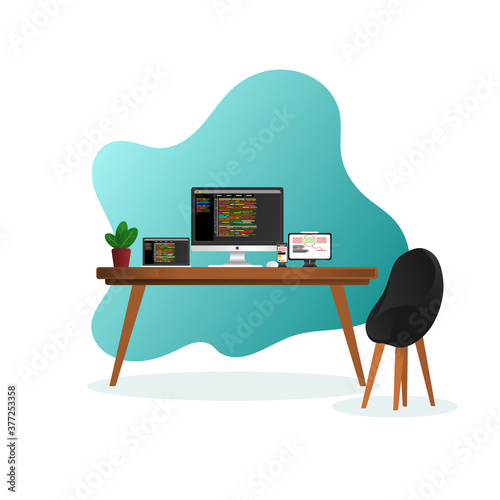 Premium programmer desktop illustration vector, flat design, simple and modern