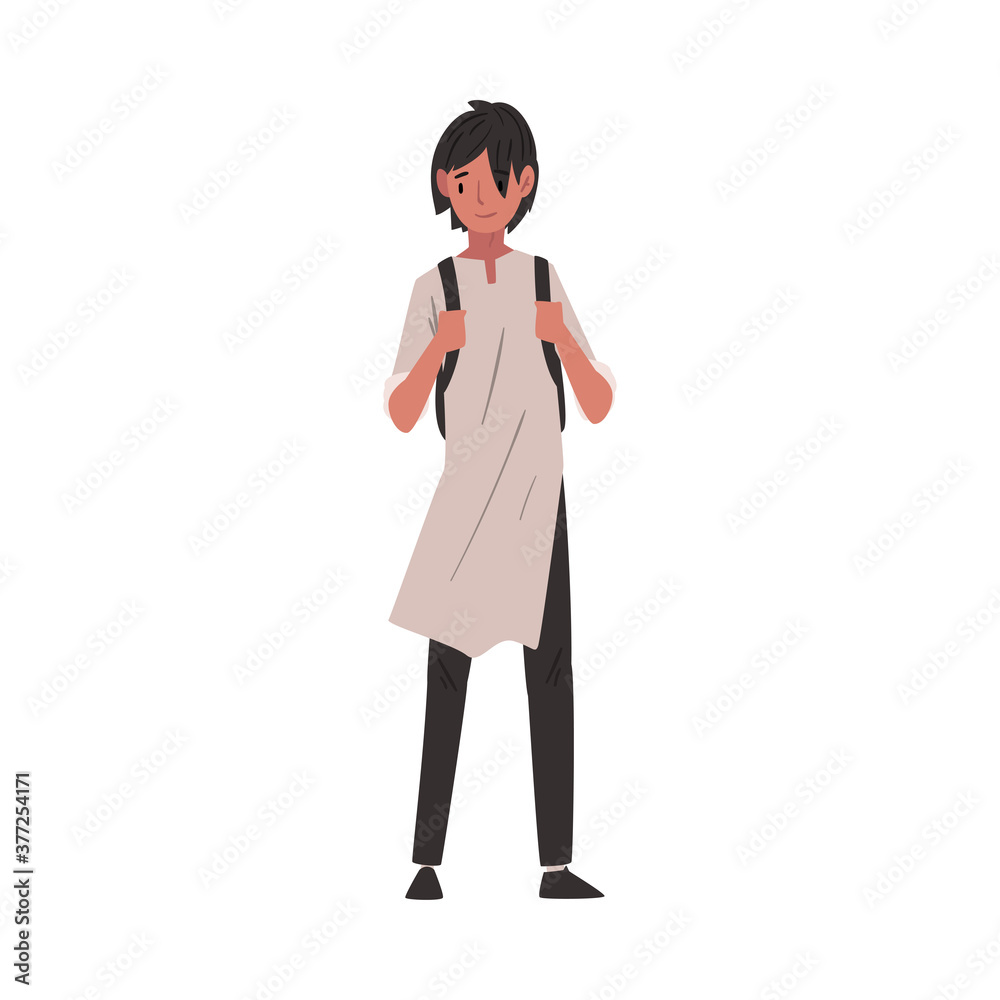 Guy in Casual Clothes Standing with Backpack, International College or University Student Character Vector Illustration Guy in Casual Clothes Standing with Backpack, International College or University Student Character Vector Illustration