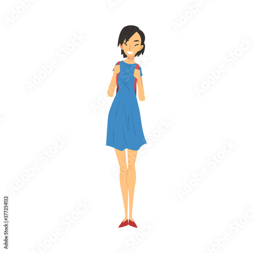 Smiling Girl in Casual Clothes Standing with Backpack, International College or University Female Student Character Vector Illustration