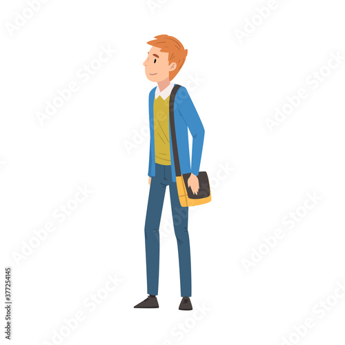 Redhead Guy in Casual Clothes Standing with Bag, International College or University Student Character Vector Illustration