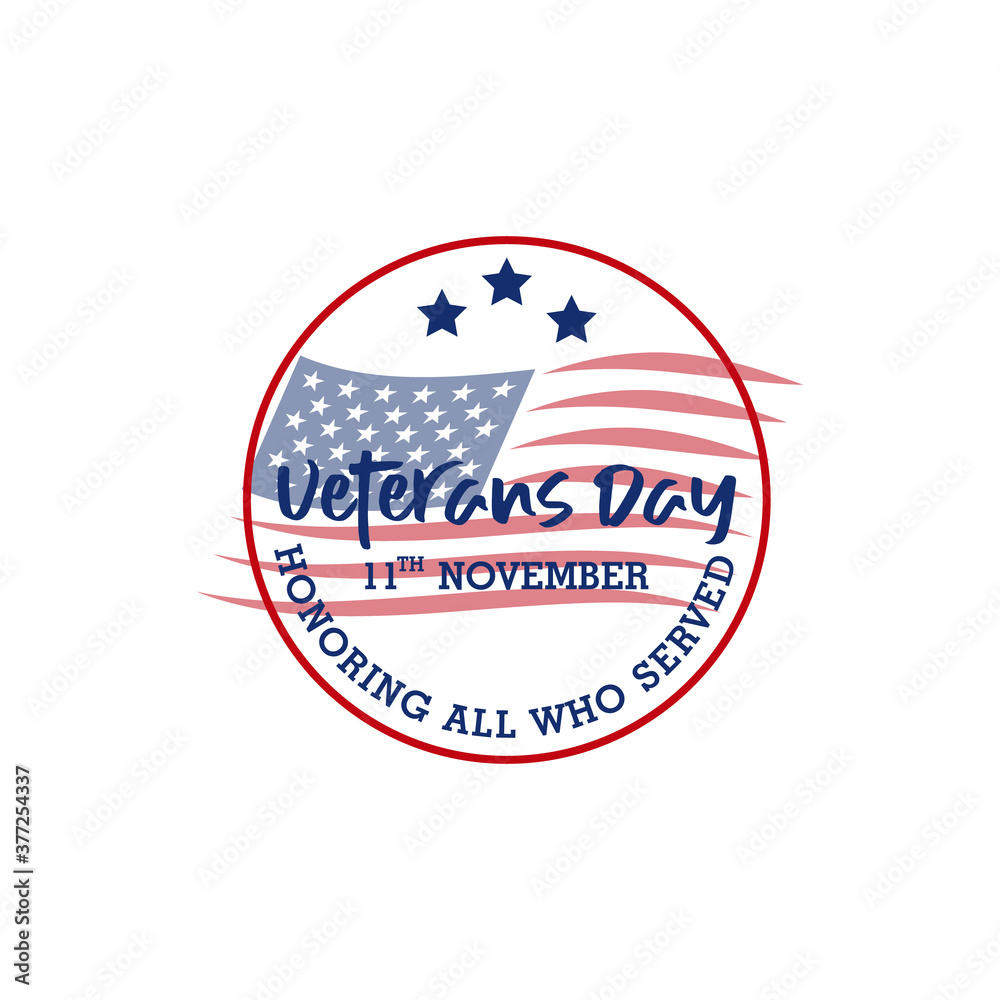 USA Veterans Day greeting card with brush stroke background in United States national flag colors and hand lettering text Happy Veterans Day. Vector illustration. USA Veterans Day greeting card with brush stroke background in United States national flag colors and hand lettering text Happy Veterans Day. Vector illustration.