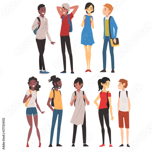 Collection of International College or University Students Characters, Cheerful Guys and Girls in Casual Clothes with Backpacks Vector Illustration