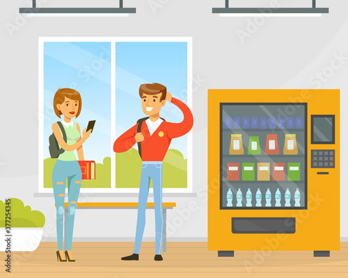 Cheerful University Students with Backpack and Books Standing at Vending Machine in College or University Hallway Flat Vector Illustration