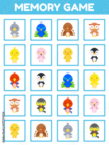 Memory game with cute set cartoon birds. Cards game find two two identical pictures. Kids activity page for book. Education developing worksheet. Logical thinking training. Vector stock illustration © Jexy