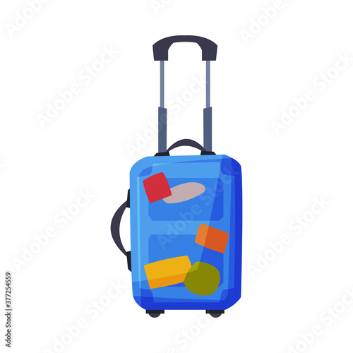 Modern Plastic Suitcase on Wheels with Travel Stickers, Summer Vacation Object, Traveling and Tourism Vector Illustration on White Background
