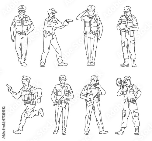 Black line male characters set of policemen sketch vector illustration isolated.