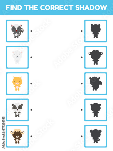 Game template find correct shadow. Matching game for children with cute cartoon animals. Kids activity page for book. Education developing worksheet. Logical thinking training. Vector illustration.